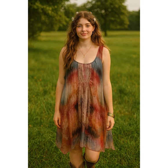 Live and Let Live 2X Boho Paisley Lace Tie Dye Short Dress Fairycore Whimsy Farm - Picture 1 of 10